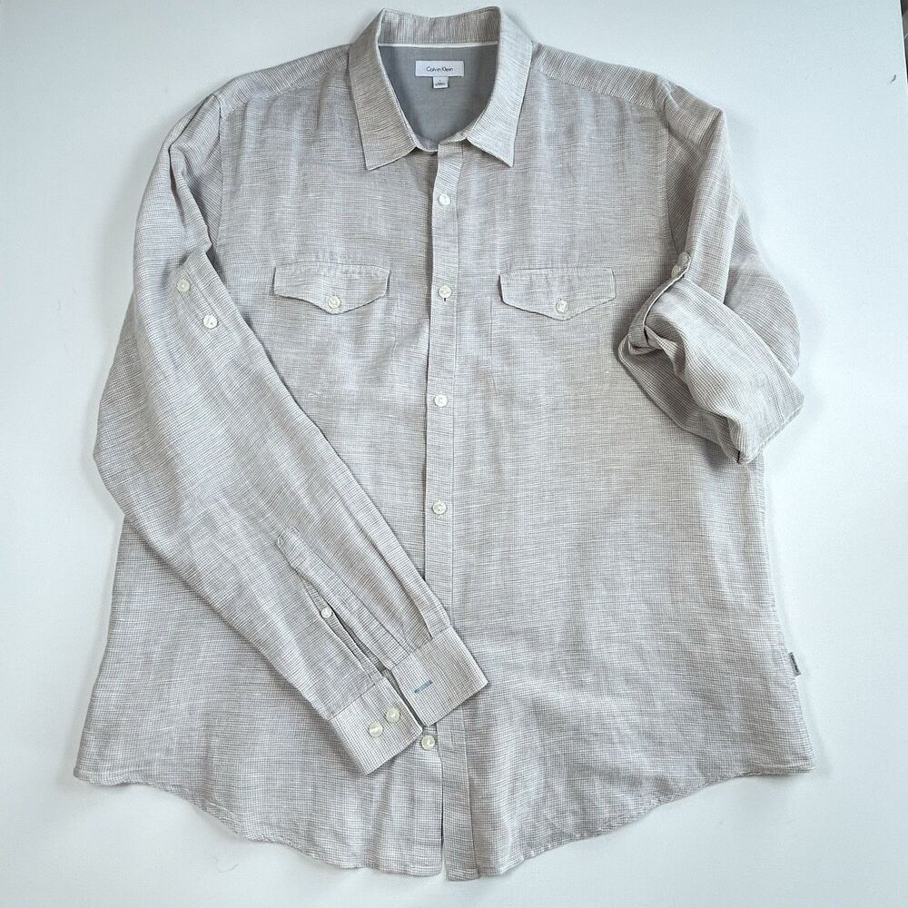 Calvin Klein Linen Blend Shirt Mens Size L Roll Tab Sleeve Tan Beige Lightweight